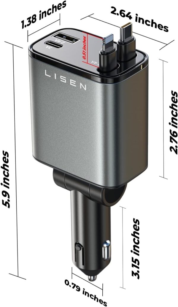 LISEN Retractable Car Charger [69W USB C Car Charger Adapter] for iPhone 16 Car Charger Fast Charging - Image 6