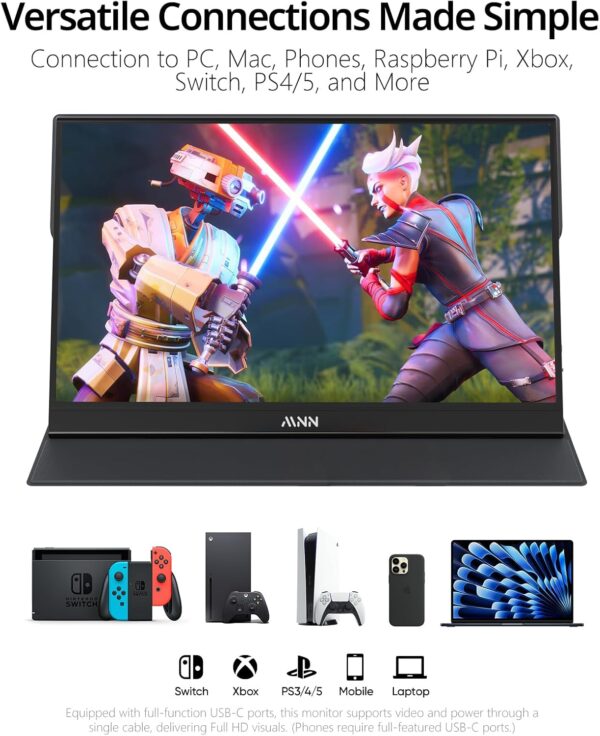 MNN 15.6" Portable Monitor FHD 1080P USB-C HDMI, Slim, HDR, Speakers, Laptop - Image 4