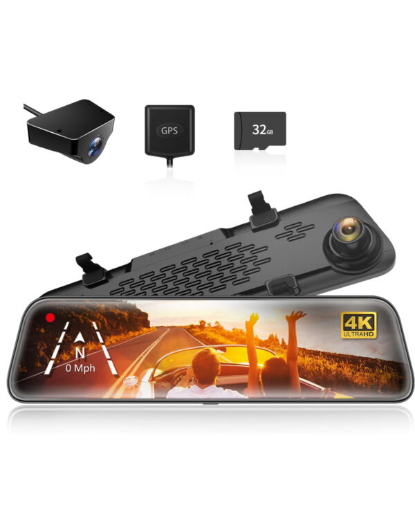 WOLFBOX G840S 12" 4K Mirror Dash Cam, Dual Cameras, Night Vision, GPS