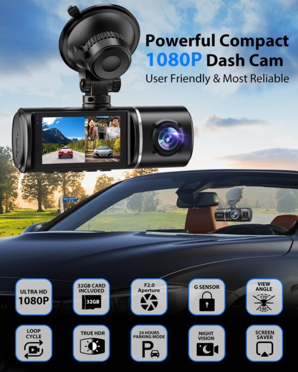 3 Channel Dash Cam Front, Rear & Inside - 1080P, 32GB, HDR, Parking Mode - Image 2