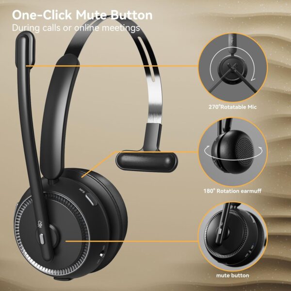 Wireless Headset with AI Noise Cancelling Mic, 65H Battery, Mute Button(Black) - Image 5