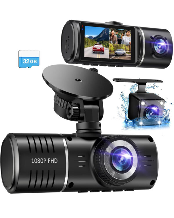 3 Channel Dash Cam Front, Rear & Inside - 1080P, 32GB, HDR, Parking Mode